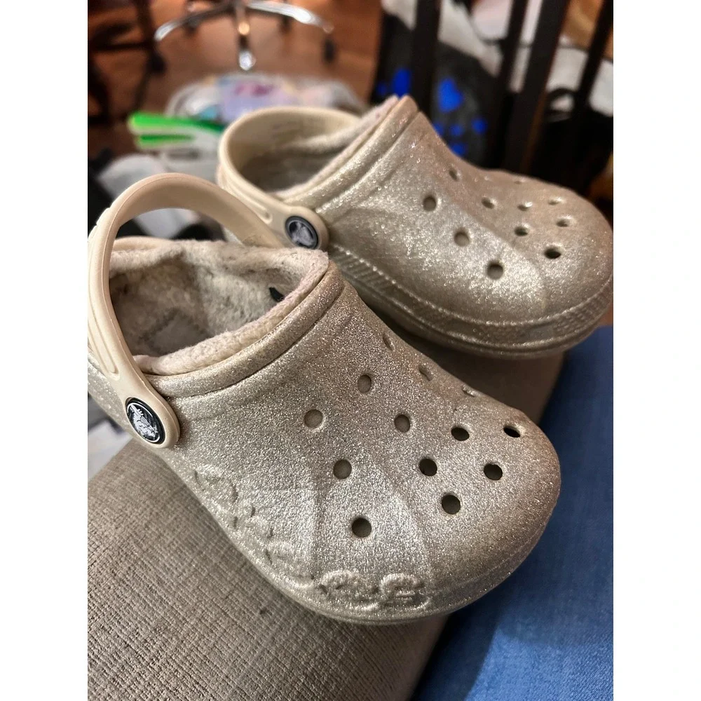 Kids Crocs Baya Lined Glitter‎ Clogs Gold Unisex Toddler Slip On Shoes